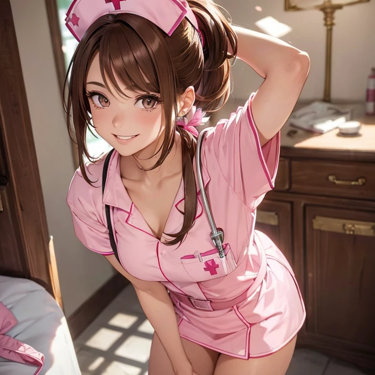 highest quality(: 1.3),(masterpiece: 1.3),(super detailed: 1.3),([diamond: 1.3|eye]:1.2),(brown hair:1.3),(Straight ponytail),1woman,seductive smile,looking at the viewer,((pink nurse uniform)),(skirt lift by myself),((showing sexy pantie))