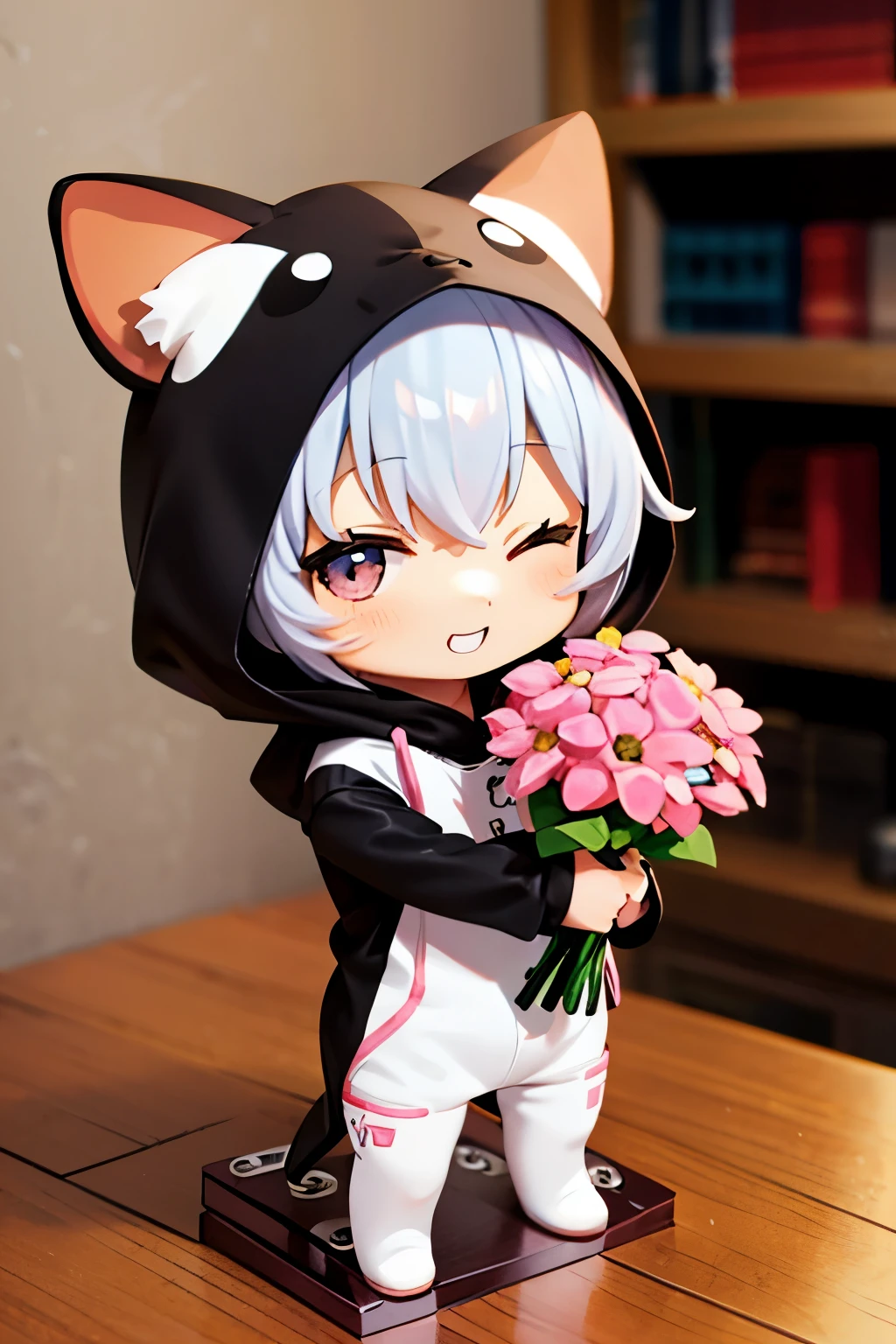 (Chibi:1.3), happy, (holding a bouquet), full body, (Kigurumi), indoors, on the table, (Nendoroid:1.1),
