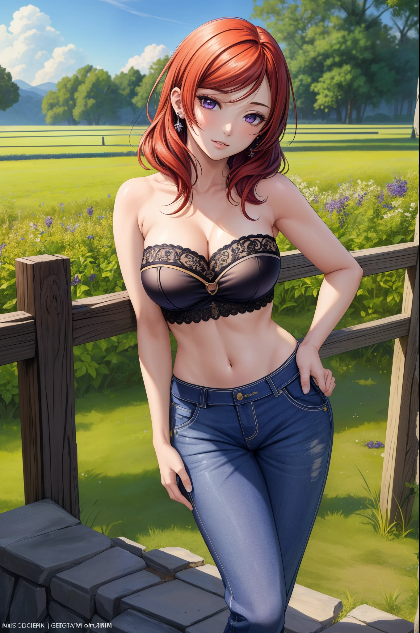 (Masterpiece, Best Quality, High Quality), professional artwork, well drawn, Intricate Details, field of view,
Nishikino maki, afternoon, 
Red hair, ultra detail hair, ultra detail face, perfect eyes, perfect face, earring, purple eyes, Looking at Viewer, flirting, one hand on hip,
Black tube top, strapless, oversize pants with exposed underwear 