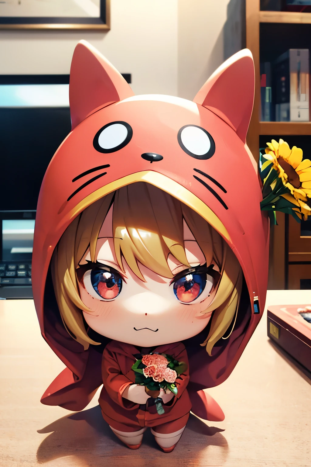(Chibi:1.3), happy, (holding a bouquet), full body, (Kigurumi), indoors, on the table, (Nendoroid:1.1),