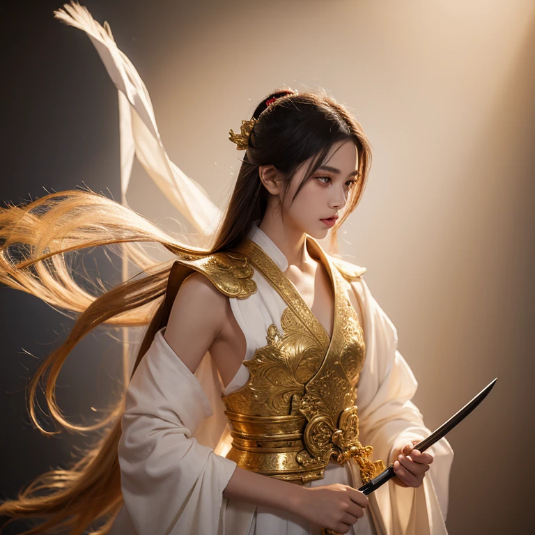 Martial arts，Female swordsman，Beautiful fairy face，Half-covered face with gold，mask，************，hair bleached，clothing slim fit