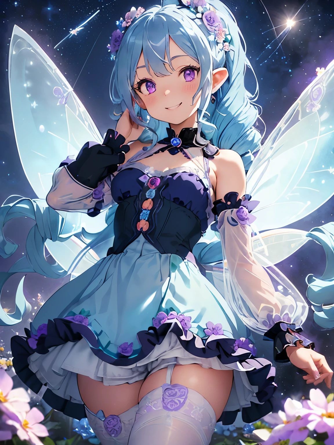 (light blue hair:1.2),(long hair with curls:1.3),(drill curl hair:1.25),(ponytail:1.3),(purple eyes:1.4),(Eye size:1.5),(Accessories with flower motifs:1.3),(One piece made of smooth material:1.3),(sheer sleeve:1.35),(White corset:1.25),(asymmetric hem skirt:1.4),(fluffy shorts:1.35),(gladiator shoes:1.25),(Background full of blooming flowers:1.5),(blush),(cute smile:1.3),(small breasts:1.6),(close up of face:1.25),(elf ears:1.2),(transparent wings like a fairy:1.4),(Night sky with extra large full moon:1.25),(fly cheerfully in the sky:1.6),(perspective from below:1.2),