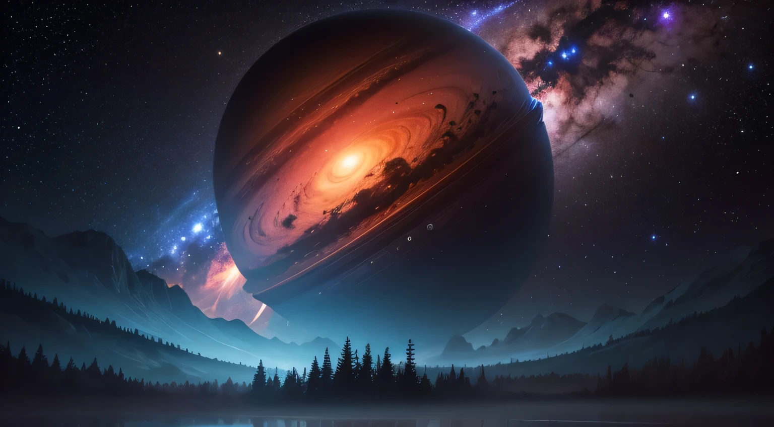 ..3d , realista, galaxias, Planeta saturno, floresta, Nebulosas, noite, fantasia.