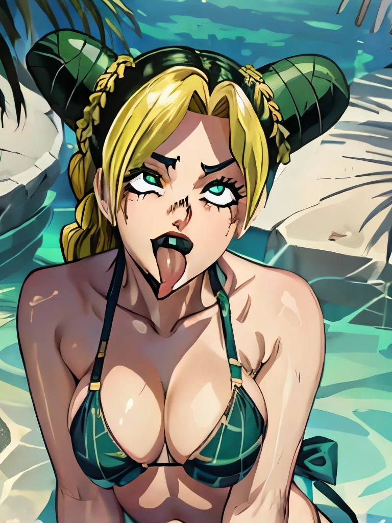 jolyne, big breasts, bikini
(((shiny hair, shiny skin))) ((sticking out tongue))