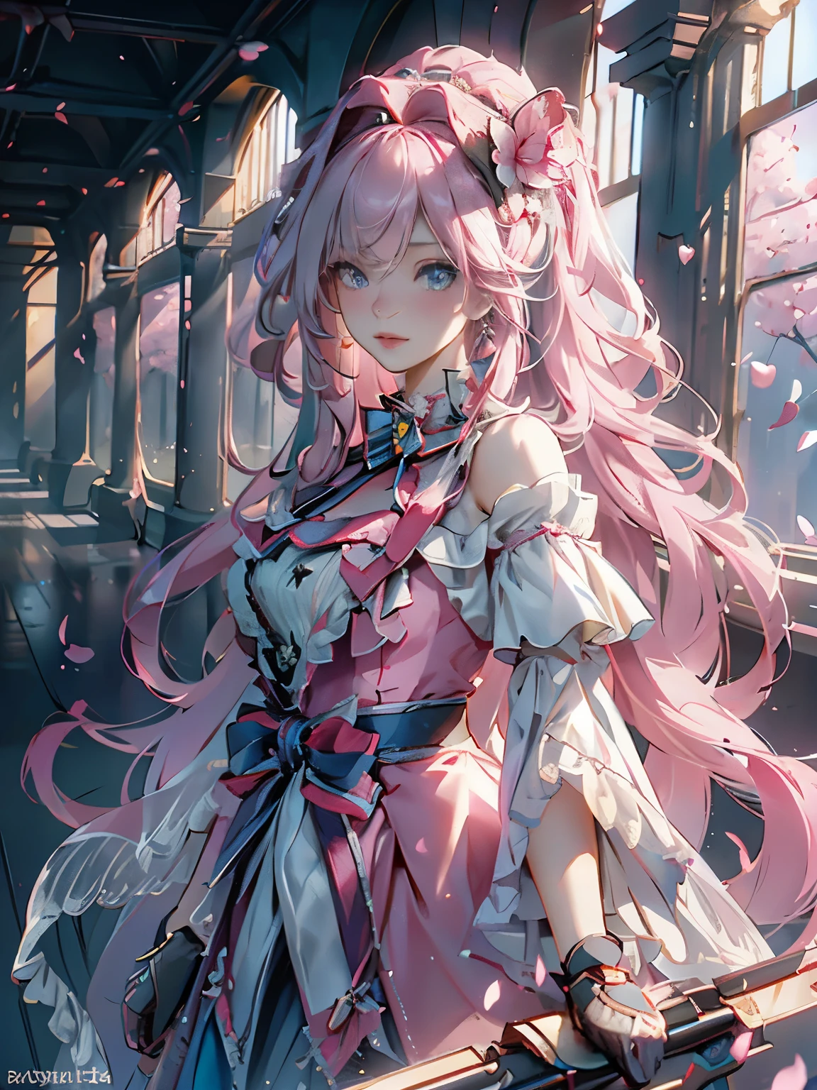 ((best quality)), ((master piece)), (detailed:1.4), beautiful cyberpunk woman image,HDR(high dynamic range),ray tracing,NVIDIA RTX,super resolution,fantasy 5,Scattered beneath the surface,PBR texture,Post-processing,anisotropic filtering,Depth of bounds written,Maximum clarity and sharpness,multilayer texture,Albedo and specular maps,surface coloring,Accurate simulation of honey-material interactions,perfectly proportioned,Rendering with Octane,two color light,Large Diameter,Low ISO,White balance,rule 3 points、8K raw data、Beautiful bright blue pupils,off shoulder clothes,fine student,delicate face and eyes,long eyelashes,blush,delicate and fluffy hair,pink lip,Pure,cute face,sweet girl,artistic sense,casual wear,Advanced Sense,butterfly,cherry blossom petals,beautiful hair accessories,long hair and waist,hair blowing in the wind,curly,positive light,The light from the rear window is backlit.,In the majestic hall of the king