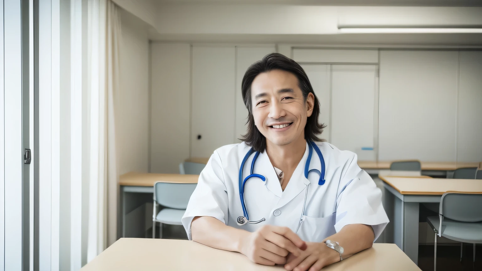 4K,RAW photo,photorealistic stick,High resolution、Japan Middle Aged Man,(bittersweet smile),(very detailed face, very),(look at the camera),(Take a full body photo),(fine eyes, very detailed skin),(very detailed fingers),(very detailed nose),(beauty clinic nurse),(sitting at a white office desk),(Wearing a doctor's lab coat),(The background is a clean and tidy examination room with white walls in a hospital..)
