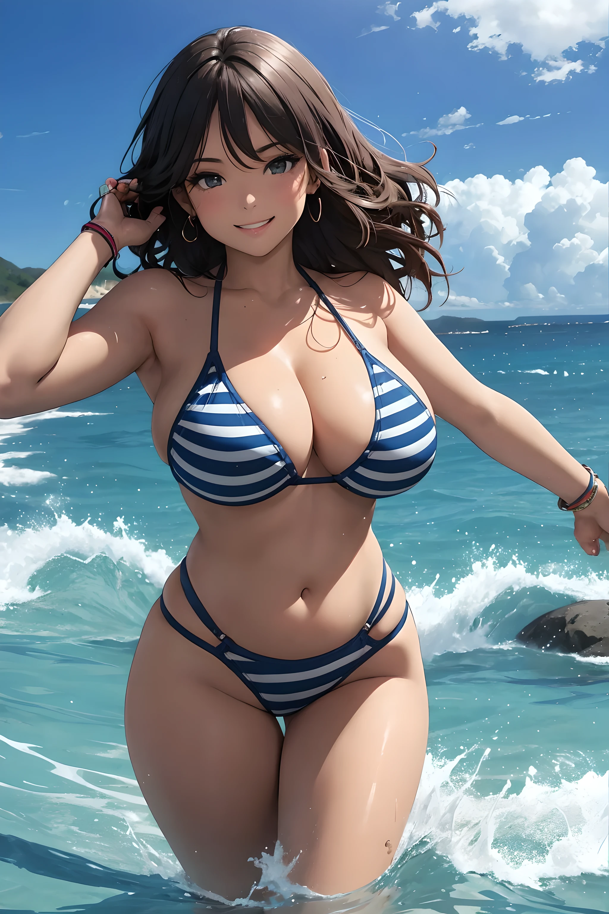 a curvy woman at the beach, running through the water, having fun, smile, navy blue striped bikini, glossy skin, bracelet, summer
