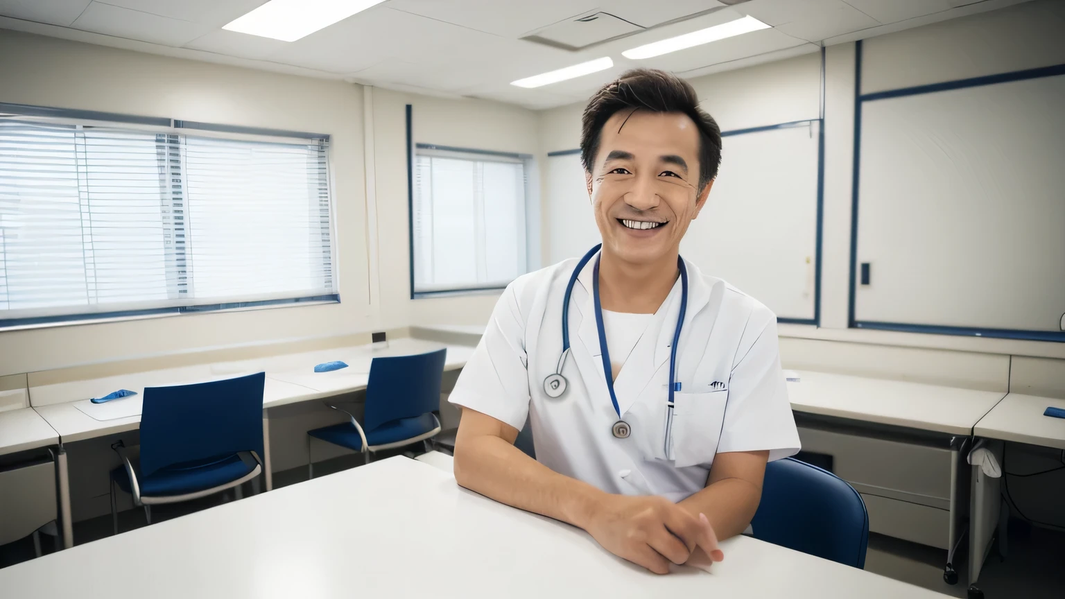 4K,RAW photo,photorealistic stick,High resolution、Japan Middle Aged Man,(bittersweet smile),(very detailed face, very),(look at the camera),(Take a full body photo),(fine eyes, very detailed skin),(very detailed fingers),(very detailed nose),(beauty clinic nurse),(sitting at a white office desk),(Wearing a doctor's lab coat),(The background is a clean and tidy examination room with white walls in a hospital..)