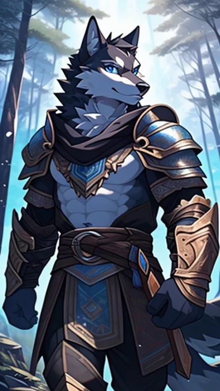 Masterpieces ,best quality ,Delicate face ,Detailed eyes ,ultra detailed ,depth of field ,perfect lighting ,light particles ,solo ,furry male wolf , Anthropomorphic black wolf ,teenaged, black body ,white belly ,blue eyes ,adventurer cloth ,light armor ,looking at viewer ,clear sky, forest