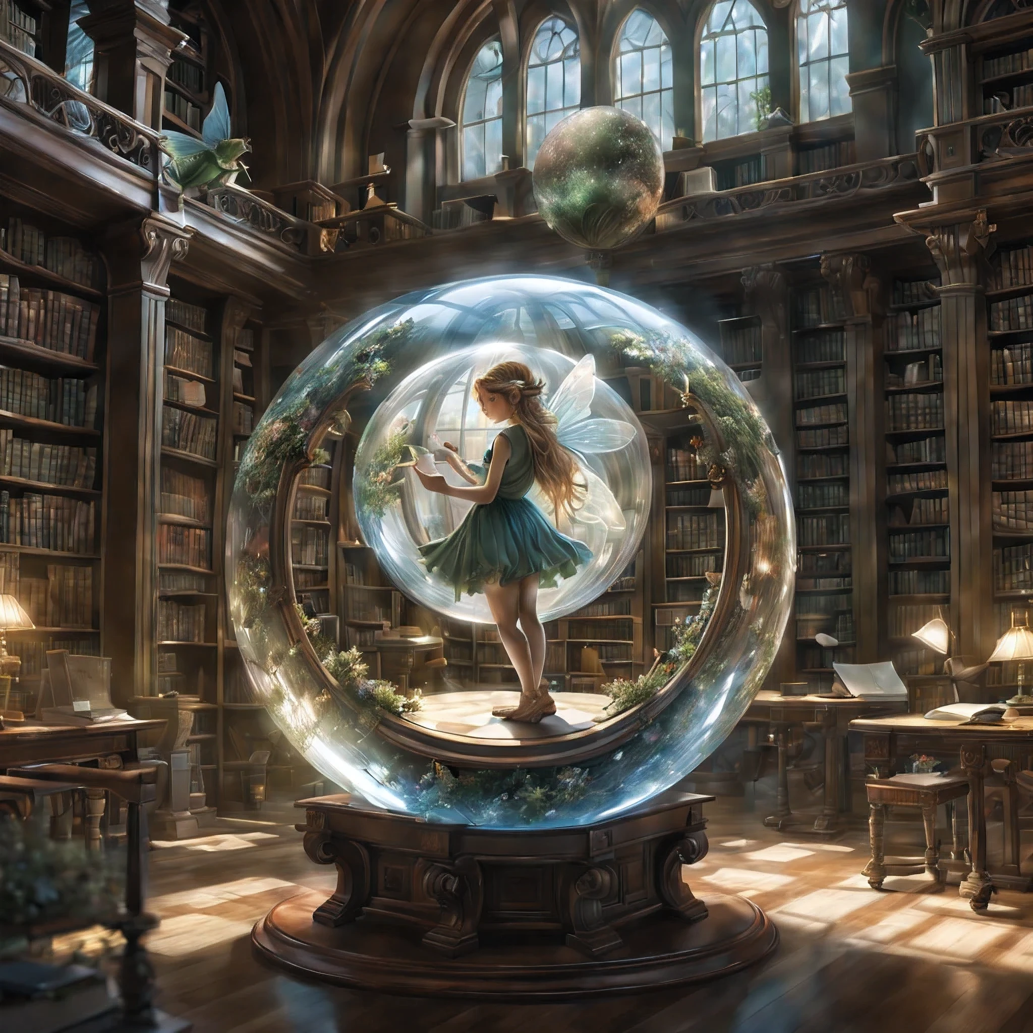 Fantasy image,(a glass sphere in a library reflects a fairy in that library while she is drawing the glass sphere),centered,ultra-detailed