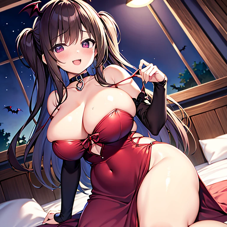 cute face Angle from directly below big breasts pose of temptation、laughter charm Rear angle choker cute dress vampire princess room bed little bat flying in the middle of the night emphasize the chest seducing