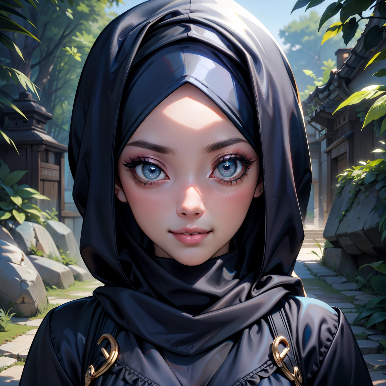 3dmm style, Masterpiece, realistic, best quality, best lighting, beautiful mature Czech woman, 1 girl photo solo, beautifully makeup, eyeshadow, Parted Lips, Detailed Eyes, beautiful big eyes, long eye lashes, dimples on the cheeks, smile, wearing ((Dark blue satin hijab)), loosely tide hijab style, ((gray satin shirt and satin long skirt)), (Half-body portrait), Front view, Symmetric Centre, facing the viewer, walking on a rock trails garden.