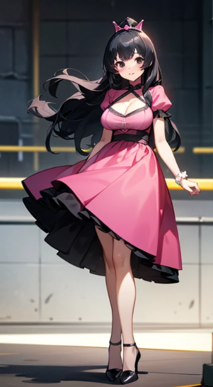 1 girl, game CG, black clothes, I can see the cleavage, pink dress,Princessドレス, Princess,ピンクrace, black shoes,high heels, huge breasts, black hair, long hair,straight hair, black eyes, raceストッキング,黒いhigh heels,race,bangs,Standing picture