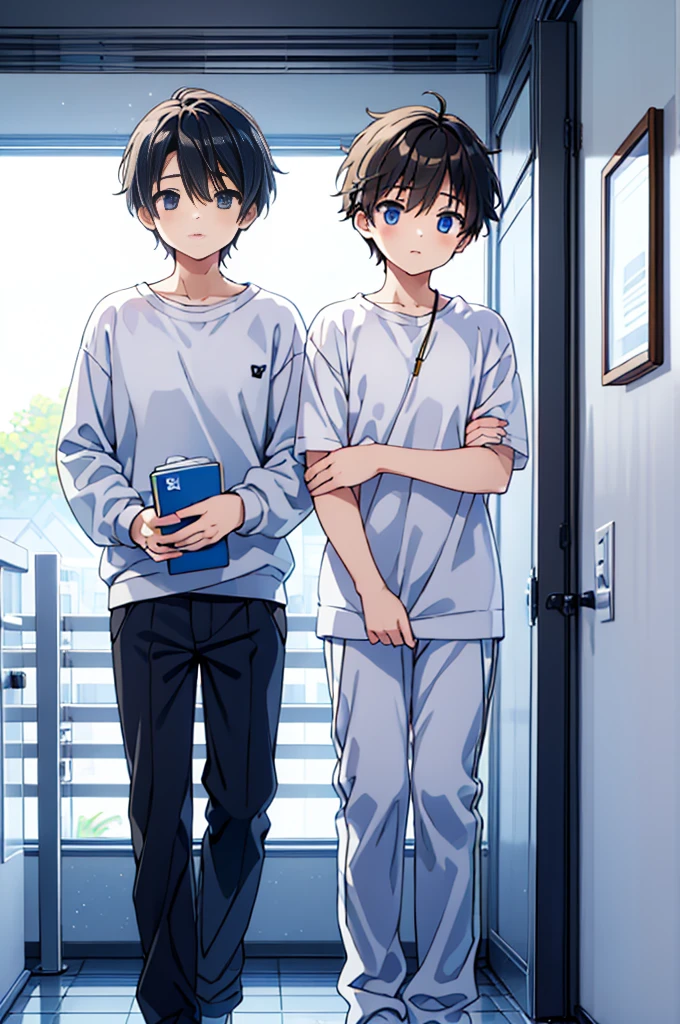 Two Chinese boys around 9 years old，Normal body shape is slightly thin，He wears light blue short sleeves，Light blue shorts，Brown sandals，Very urgent to urinate，Knocking on the toilet door，But they were incontinent，The urine soaked the shorts and ran down the legs and fell to the floor，They all cried。