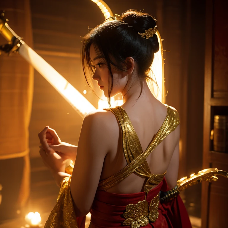 Martial arts，Female swordsman，Beautiful fairy face，Half-covered face with gold，mask，