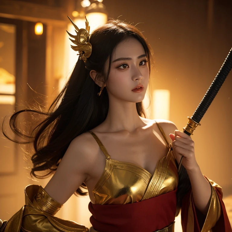 Martial arts，Female swordsman，Beautiful fairy face，Half-covered face with gold，mask，