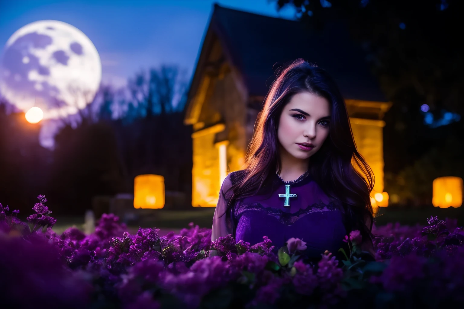 Generate a hyper-realistic image that employs the shallow depth of field technique to highlight a Gothic girl at ((night in a cemitery)) setting, (((under the moonlight))). The girl should be the focal point, with crisp clarity, while the background of the Gothic cemitery should be gently blurred to create a bokeh effect. (((In the foreground, A Christian cross))) should be visible but blurred, adding depth to the composition.", adding depth to the composition. Sony Alpha A7R III, macros lens , f/5.6. ((Cinematic purple and magenta Lighting)) .