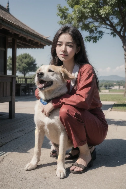 ((best quality)), ((masterpiece)), (detailed), a girl, traditional red cloth, a dog, bagan landscape