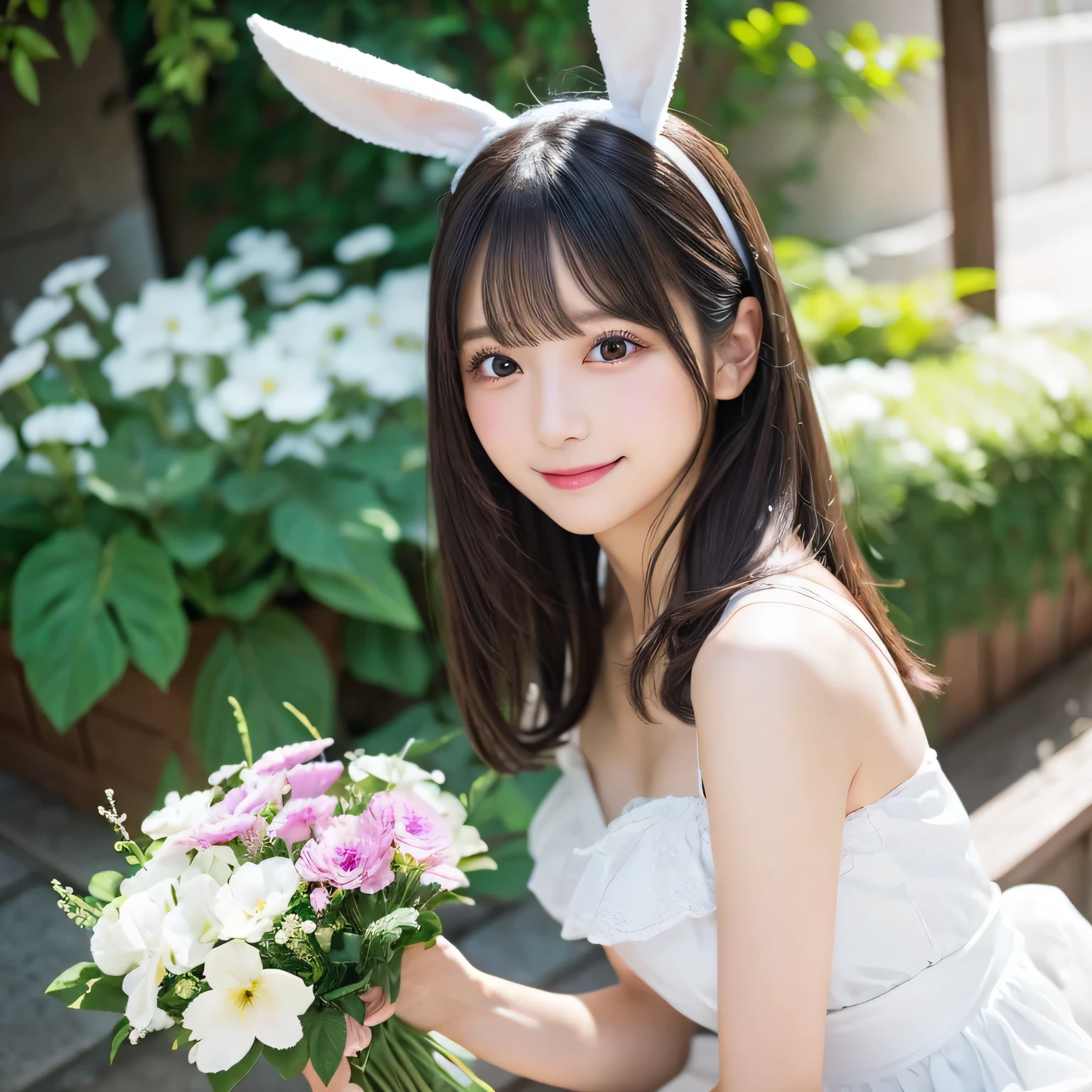 on the table, best quality, illustration, Super detailed, fine details, high resolution, 8k wallpaper, Perfect dynamic composition, Beautiful and delicate eyes,whole body摄影,show your whole body、thin and transparent、long gray hair, Bold sexy pose,Smile,Harajuku、20 year old girl、Eyeliner、beautiful bangs、hair between eyes、((masterpiece、top quality、Super detailed、movie light、intricate details、high resolution、Very detailed))、background for this、8 kood、digital SLR、soft light、high quality、film grain、富士XT3 、shallow view deep、natural soft light、Kamimei、See the knees, Look at the sexy shots of the lens、Above the legs、whole body、Holding a bouquet of flowers、side view、Bunny Costume
