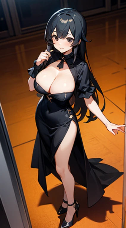 1 girl, game CG, I can see the cleavage, ピンクdress,dress,ピンクrace, shoes,high heels, huge breasts, black hair, long hair,straight hair, black eyes, raceのストッキング,黒いhigh heels,race,bangs,Standing picture