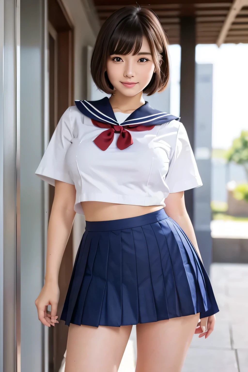 narrow eyes, frontal shot , straight hair, From the middle , 1 girl, 17 year old girl, small eyes:1.3, narrow eyes:1.3, beautiful breasts:1.5、highly detailed eyes:1.2)、(beautiful breasts:1.1), (short hair), bangs, tight waist, light blush, alone, looking at the viewer, light smile, (white short sleeve sailor uniform:1.2), (very short navy pleated skirt:1.4), big breasts, (squint your eyes), (huge hips:1.4), (thick thighs:1.4), (thick legs:1.4)