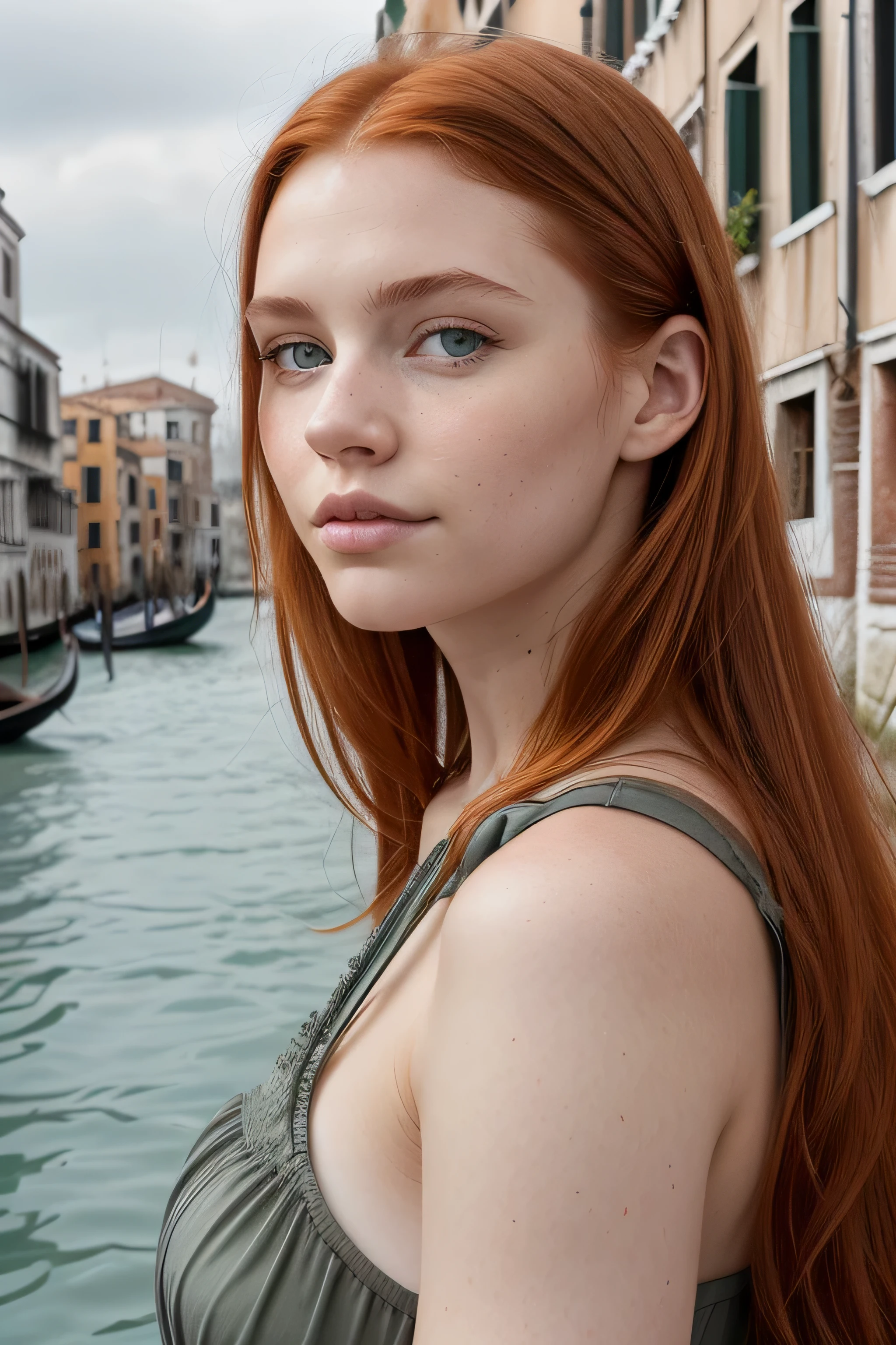 young girl in full growth, Refined facial features, bright skin, ginger hair hair, gray-green eyes. Against the backdrop of Venice.