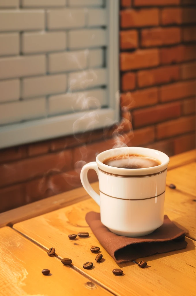 A steaming cup of espresso, Served in a white porcelain coffee cup., on a dark table, spilled coffee beans, soft light, High Definition --Auto