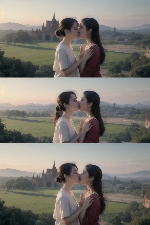 ((best quality)), ((masterpiece)), (detailed), a couple kissing, romatic, bagan landscape