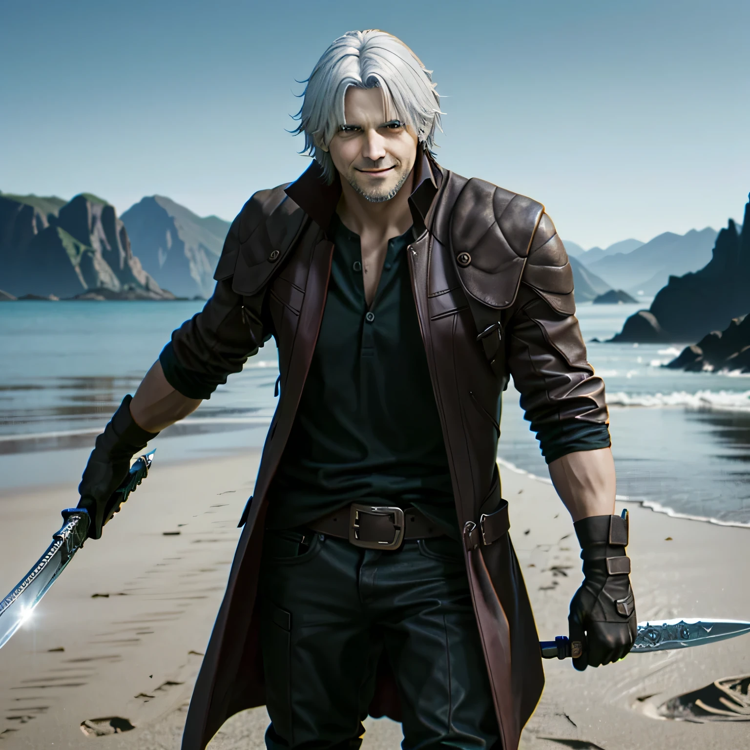 ((ultra detailed, masterpiece, absurdres))
DMC5Dante, solo,smile,gloves,1boy,holding,standing,full body,weapon,white hair,male focus,boots,sky,teeth,black gloves,belt,sword,fingerless gloves,holding weapon,coat,facial hair,holding sword,beard,open coat,stubble,over shoulder,weapon over shoulder