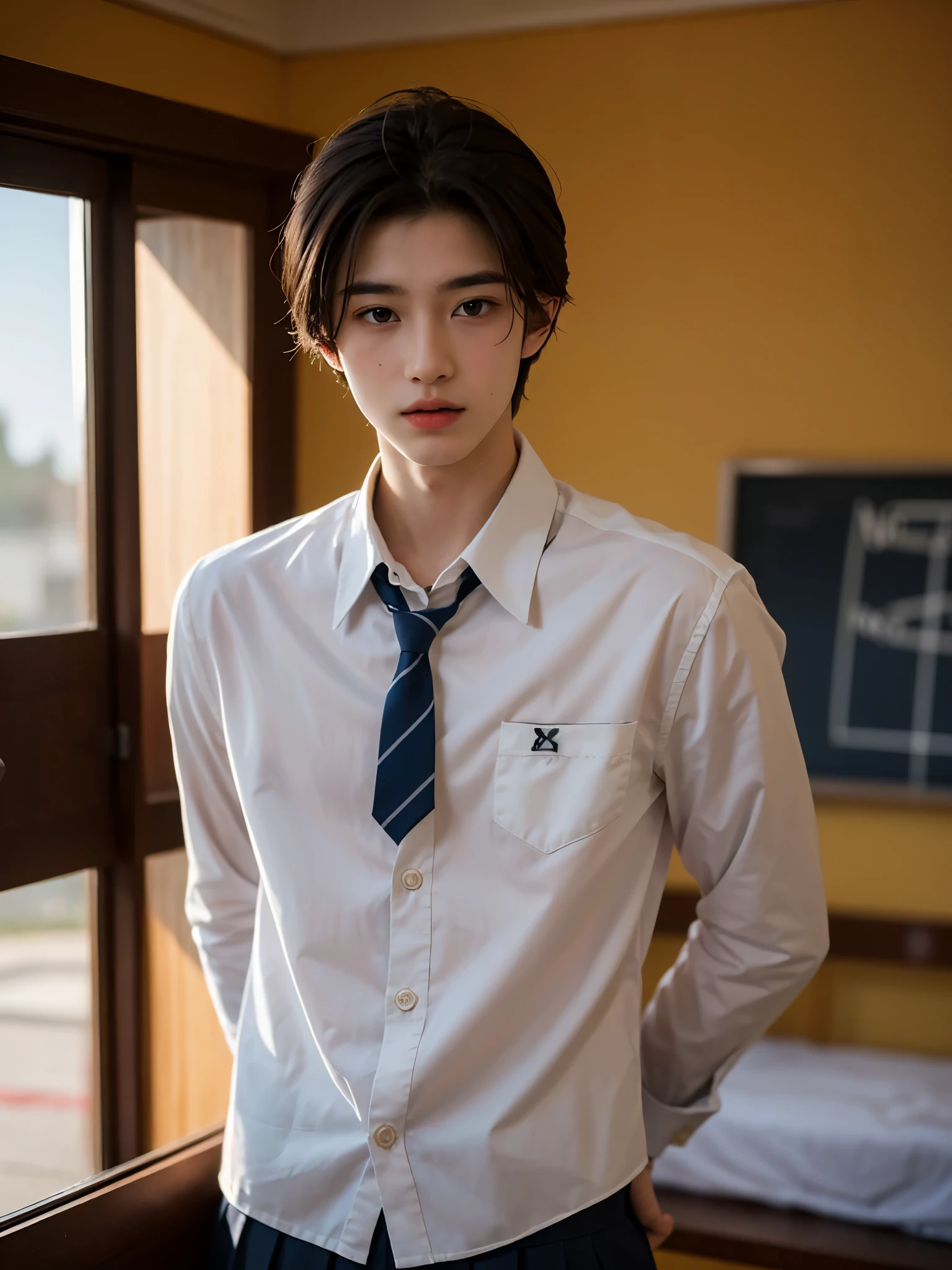 1boy in,8K, Raw photography, top-quality, masterpiece, realisitic, Photorealsitic, Schoolboy Uniform, handsome,High School, The upper part of the body,