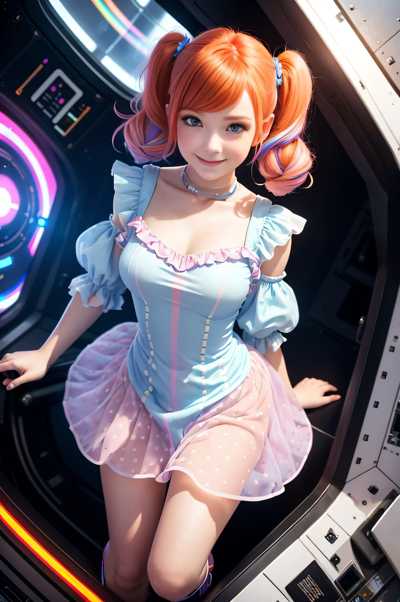 (overhead view) Cute redhead with rainbow colored hair tips, ribbons in her hair, 18-year-old woman, happy, smiling, in twin tails, perfect eyes, clear sparkling blue eyes, pale skin, silky smooth skin, flying a fancy metal luxurious space ship, futuristic cockpit, she's a pilot, outer space seen in windows, dark warm lighting, wearing a futuristic party dress, pleated (chemise) mini dress (pastel rainbow colors, and polka dots), puffy sleeves, silk, pantyhose, cute short cut booties, boots.