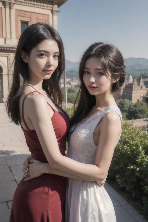 Ancient Roman landscape in the style of Nicolas Poussin,laughter,,Sweet and seductive appearance.、Caravaggio's paintings、Chiaroscuro of Caravaggio、hair tousled by the wind,Two women frolicking,cute smile, expression of ecstasy,Sexy,erotic