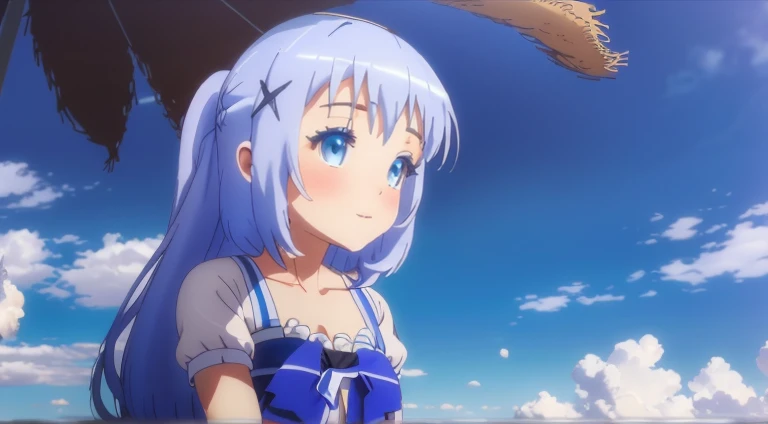 chino kafuu, playa, detailed eyes, detailed body, detailed face, soft body, sombreado hiperrealista 