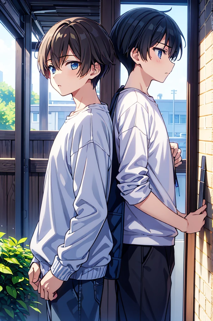 A guy and a pre teen boy,talking, indoors, (masterpiece, best quality, absurdities), school, classroom, sportswear, looking at each other, light blush,