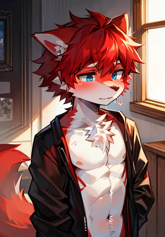 Red and white fur, eyes with brightness, full room view, Character focus ，Full body like，独奏,solo person， Correct human anatomy。male people，The eyes are blue，red skin,  red hair，Wear white ear headphones，male people，There is a pair on the forehead（small nipple）Blue horns，There was a boy by his side，In the lab，In an isolation cabin，Recorder，kneeling down on bed，Short black pants，droolng，bodily fluids（full bodyesbian），Sweat all over the body，Lower body leakage，submit to，Lick，Tentacles are controlled，Young style，Height one meter seven，Handsome， There is a wolf tail，Close-up of，k hd，8K，1440*2048