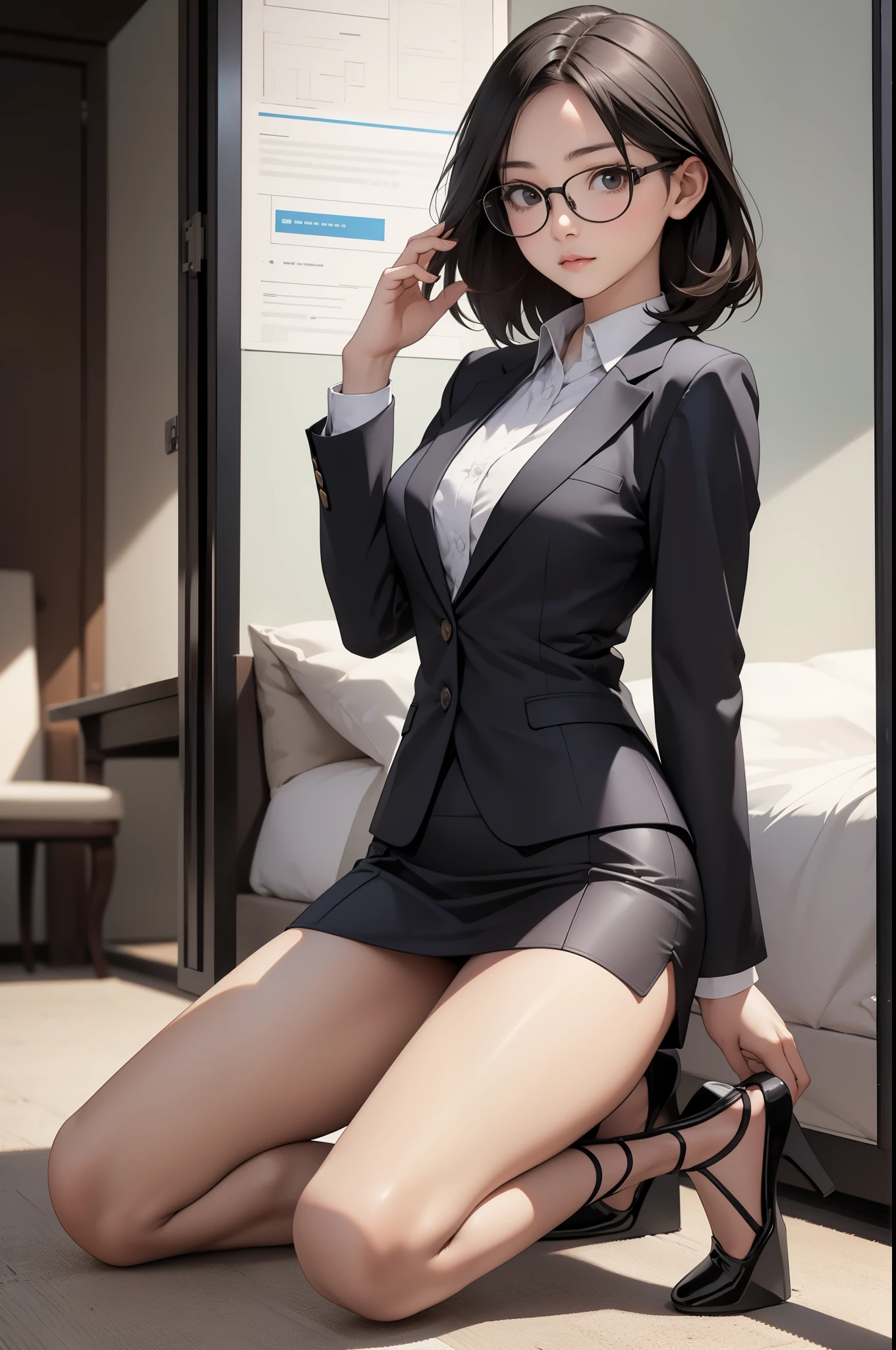 (Top quality, 8K, 32K, Masterpiece, hyper HD: 1.2), 1 girl, beautiful  japanese woman, Thin waist, Shiny skin, Gray suit, Open jacket, Office Lady, suit, Mini skirt, Office, desk, (Spread legs: 1.2), Fine face, Short hair, wet on her legs and face