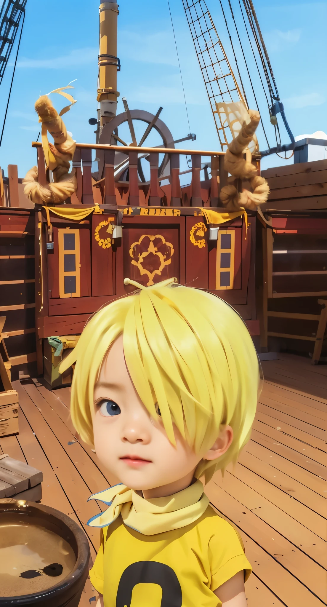 Real life adaption of this character , The handsome face of a , realistic same yellow hair , (realistic same outfit wear yellow shirt with yellow scarf on neck),realistic background , realistic light, realistic shadow, realism, hyper realistic,(photorealistic:1.2), normal small eyes,