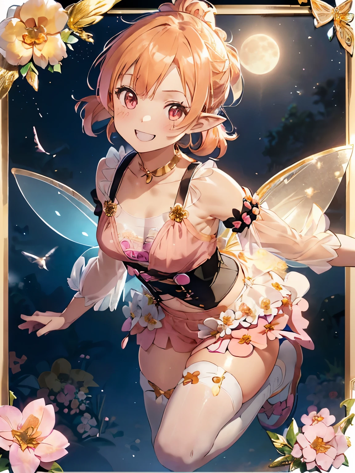 (orange hair:1.2),(Odango Hair:1.3),(With bangs:1.25),(ponytail:1.3),(pink eyes:1.4),(Eye size:1.5),(Accessories with flower motifs:1.3),(One piece made of smooth material:1.3),(sheer sleeve:1.35),(White corset:1.25),(asymmetric hem skirt:1.4),(fluffy shorts:1.35),(gladiator shoes:1.25),(Background full of blooming flowers:1.5),(blush),(cute smile:1.3),(small breasts:1.6),(close up of face:1.25),(elf ears:1.2),(transparent wings like a fairy:1.4),(Night sky with extra large full moon:1.25),(fly cheerfully in the sky:1.6),(perspective from above:1.2),(gold luxury frame:1.4),