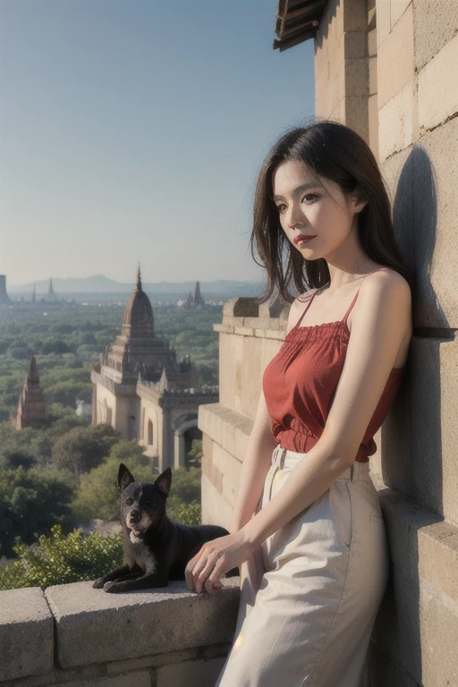 ((best quality)), ((masterpiece)), (detailed), a couple in bagan, a dog watching couple, bagan landscape