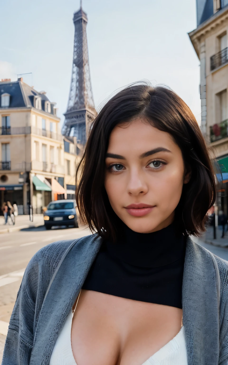 instagram photo, 23yo french woman, short hair, black hair, closeup portrait, sweater, cleavage, pale, hard shadows standing on the street in France, Eiffel Tower, multiculturalism, sigma 85mm f/1.4 dg hsm art, Spanish school, naked honesty,blue eyes