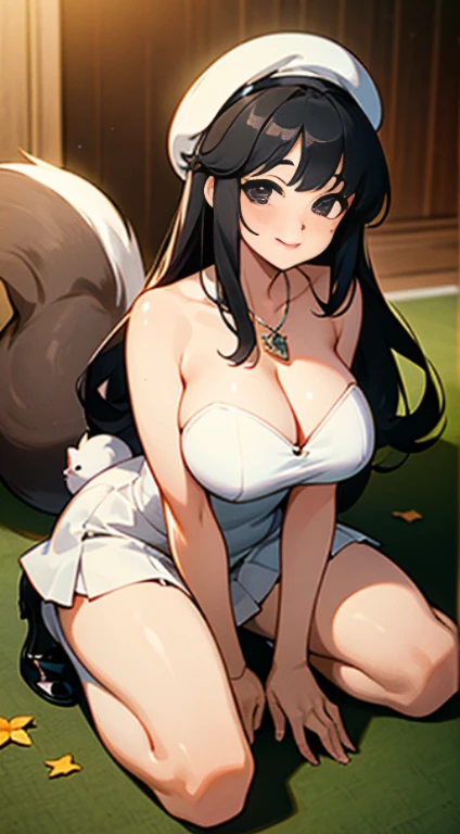 1 girl, game CG, white clothes, I can see the cleavage, I can see your shoulders, white short skirt, Little white beret, Jewel Pendant, black shoes, huge breasts, black hair, long hair, straight hair, Princess hairstyle, black eye, smile, Rabbit, squirrel, animal, wariza,