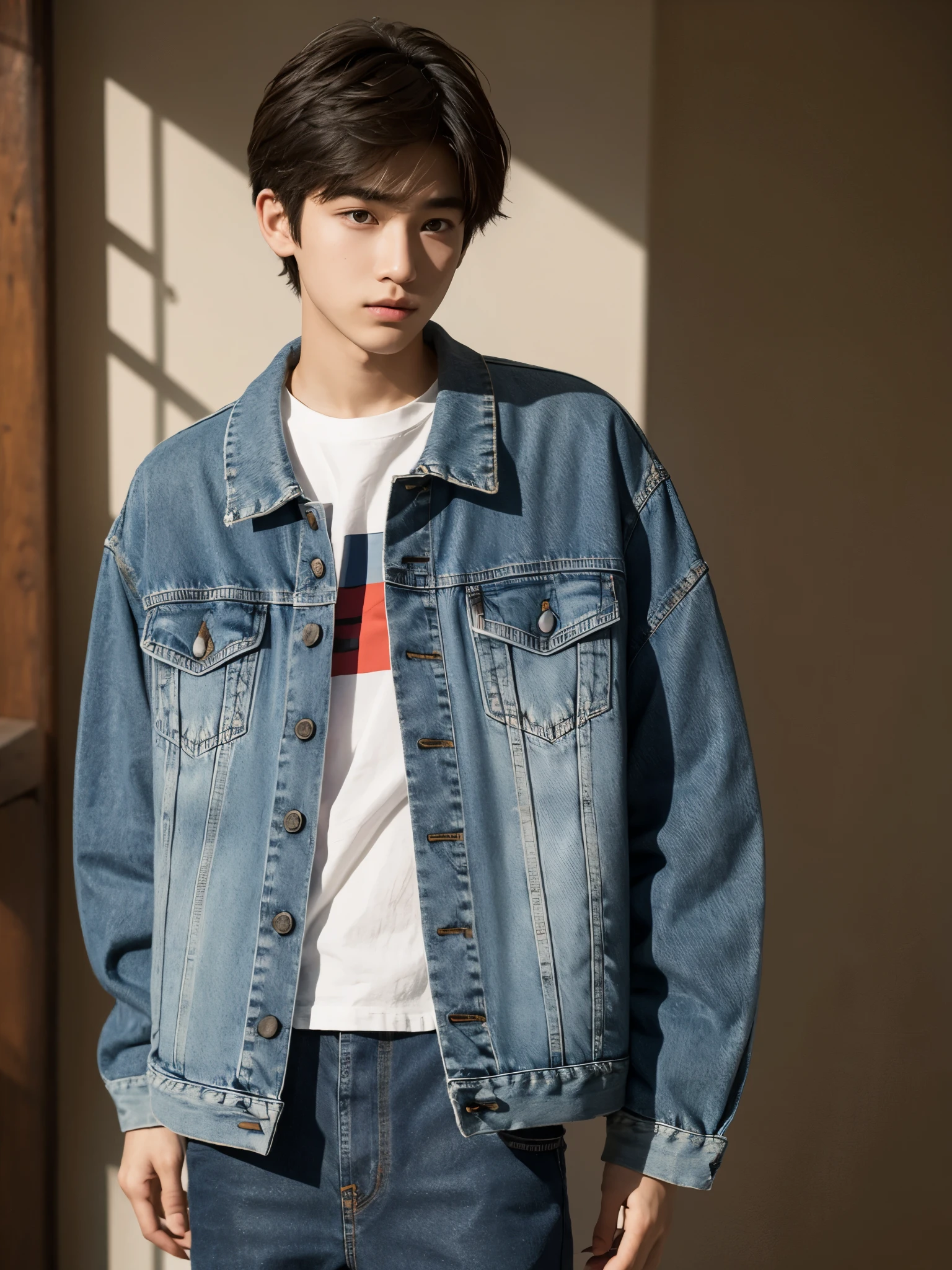 boy, 17 y.o, comma hair, denim jacket