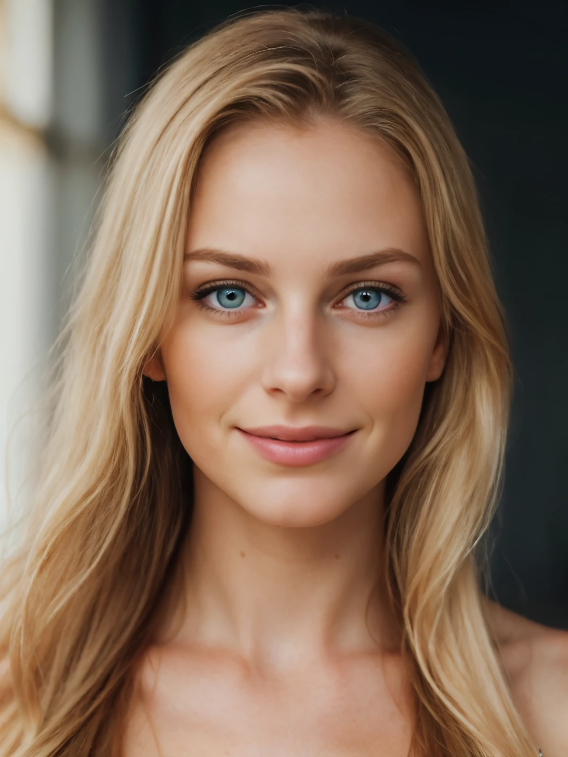 A beautiful young woman, 23 years old, with long blonde hair, and dark blue eyes, Her smile radiates warmth, and her eyes sparkle with joy, The image should be captured in a high-quality, high-resolution format with extremely detailed background, The woman's skin should have the appearance of pores and imperfections, adding to the realism and authenticity of the photo, The lighting should be soft and flattering, highlighting the woman's beauty , The photo should have a cinematic feel, with a sense of depth, dimension, and composition, The overall mood of the photo should be one of tranquility, serenity, and beauty, close up of the face