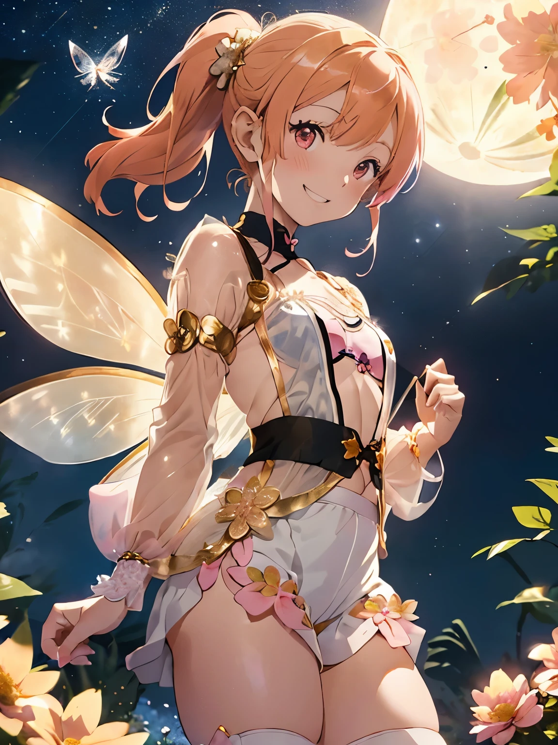 (orange hair:1.2),(Odango Hair:1.3),(With bangs:1.25),(ponytail:1.3),(pink eyes:1.4),(Eye size:1.5),(Accessories with flower motifs:1.3),(One piece made of smooth material:1.3),(sheer sleeve:1.35),(White corset:1.25),(asymmetric hem skirt:1.4),(fluffy shorts:1.35),(gladiator shoes:1.25),(Background full of blooming flowers:1.5),(blush),(cute smile:1.3),(small breasts:1.6),(close up of face:1.25),(elf ears:1.2),(transparent wings like a fairy:1.4),(Night sky with extra large full moon:1.25),(fly cheerfully in the sky:1.6),(perspective from above:1.2),(gold luxury frame:1.4),