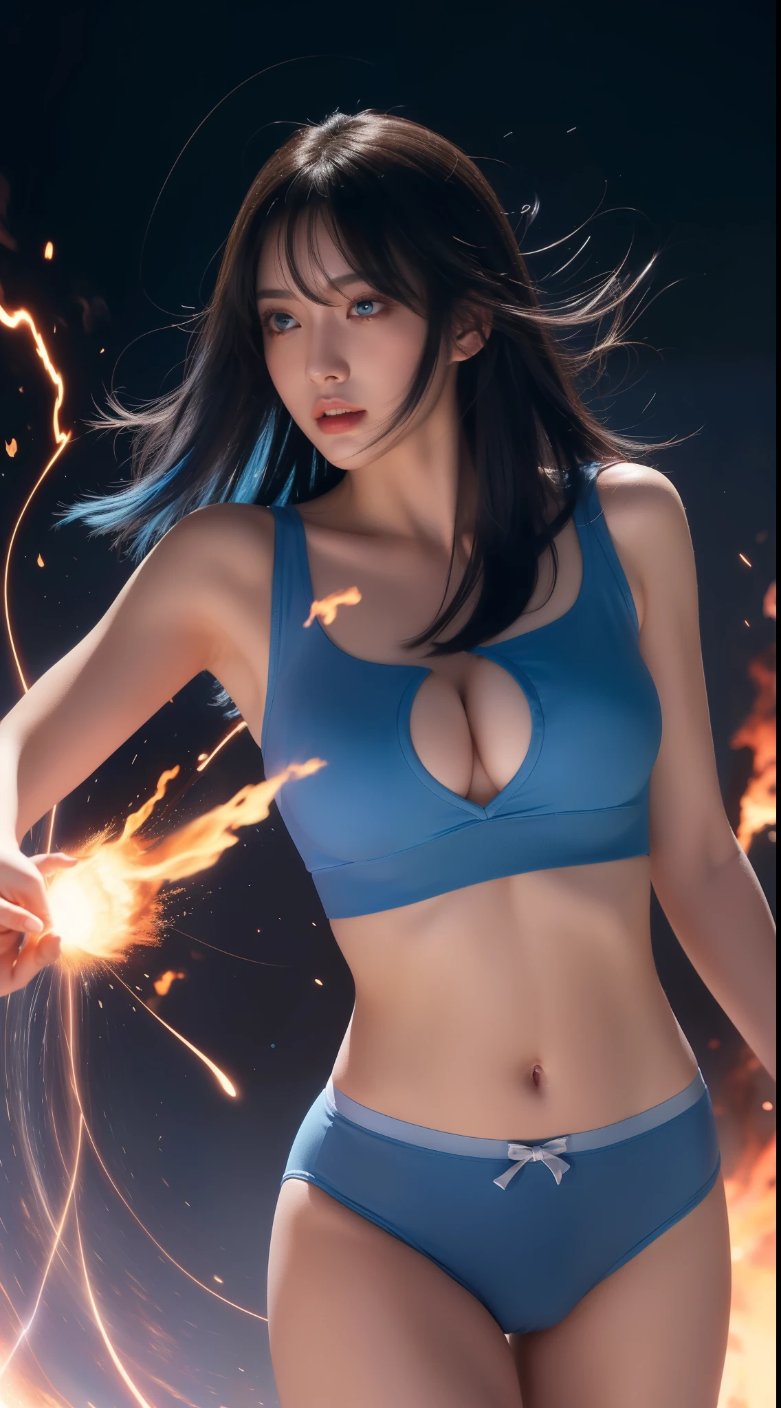 mature woman, ((masterpiece)), ((highest quality)), (Super detailed),((highly detailed body)), ((Highly detailed 8K CG wallpaper)), HDR, 1 girl, Black hair and blue Alice band, blue hair band, big natural breasts, long hair, bangs, magenta eyes, shining eyes, fine eyes, determined look, Blue lightning magic coming out of hands, attack pose, Wearing tight blue panties, Torn white tank top, energy particle blue, Apocalyptic landscape in flames, detailed scenery, dynamic angle,magic circle,Glow Phi,R1GE、In underwear、