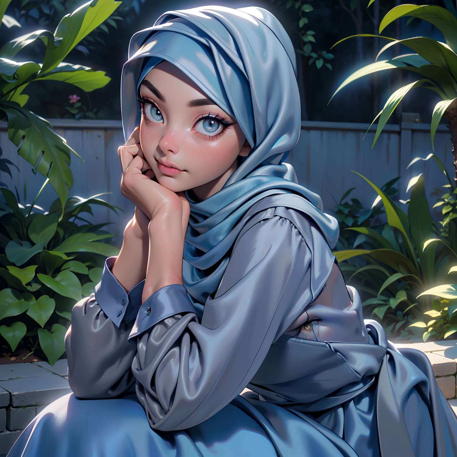3dmm style, ((Masterpiece, best quality, photography, detailed skin, realistic, photo-realistic, 3D Character Design, pixar, real cartoon, High detail RAW colour art, diffused soft lighting, shallow depth of field, sharp focus, hyperrealism, cinematic lighting, ((close up)) hijab, a turkish lady, beautifully makeup, brown beautiful big eyes, long eye lashes, wearing ((Gray satin hijab)), loosely tide hijab style, ((blue satin shirt)), satin long maxi skirt, sitting in the garden, outdoors