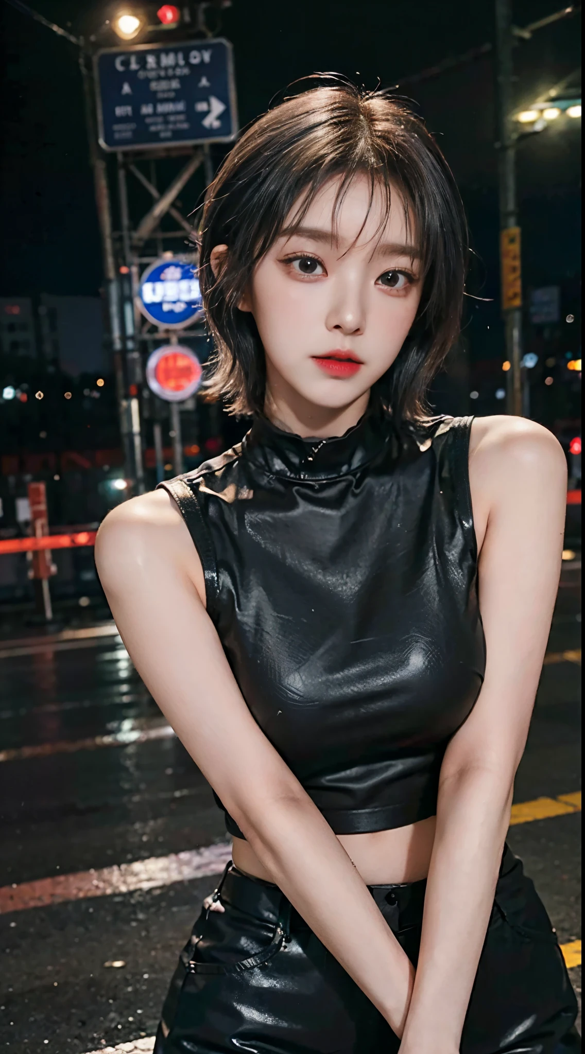 (8K, RAW photo, highest quality, mastery:1.2), (reality的な, photo-reality的な:1.37),(K-POP idol), (charming monkey:1),cute,professional lighting, photon mapping, radio city, Physically based rendering , cosplay, Lucy \(cyber punk\), bob cut, mechanical parts, gray eyes, Black tight suit, cyber punk city, black pants, night, neon light, sexy, cigarette, looking at the viewer,, 8k high res, 8K, CG wallpaper, reality, background of clarity, medium breasts, whole body