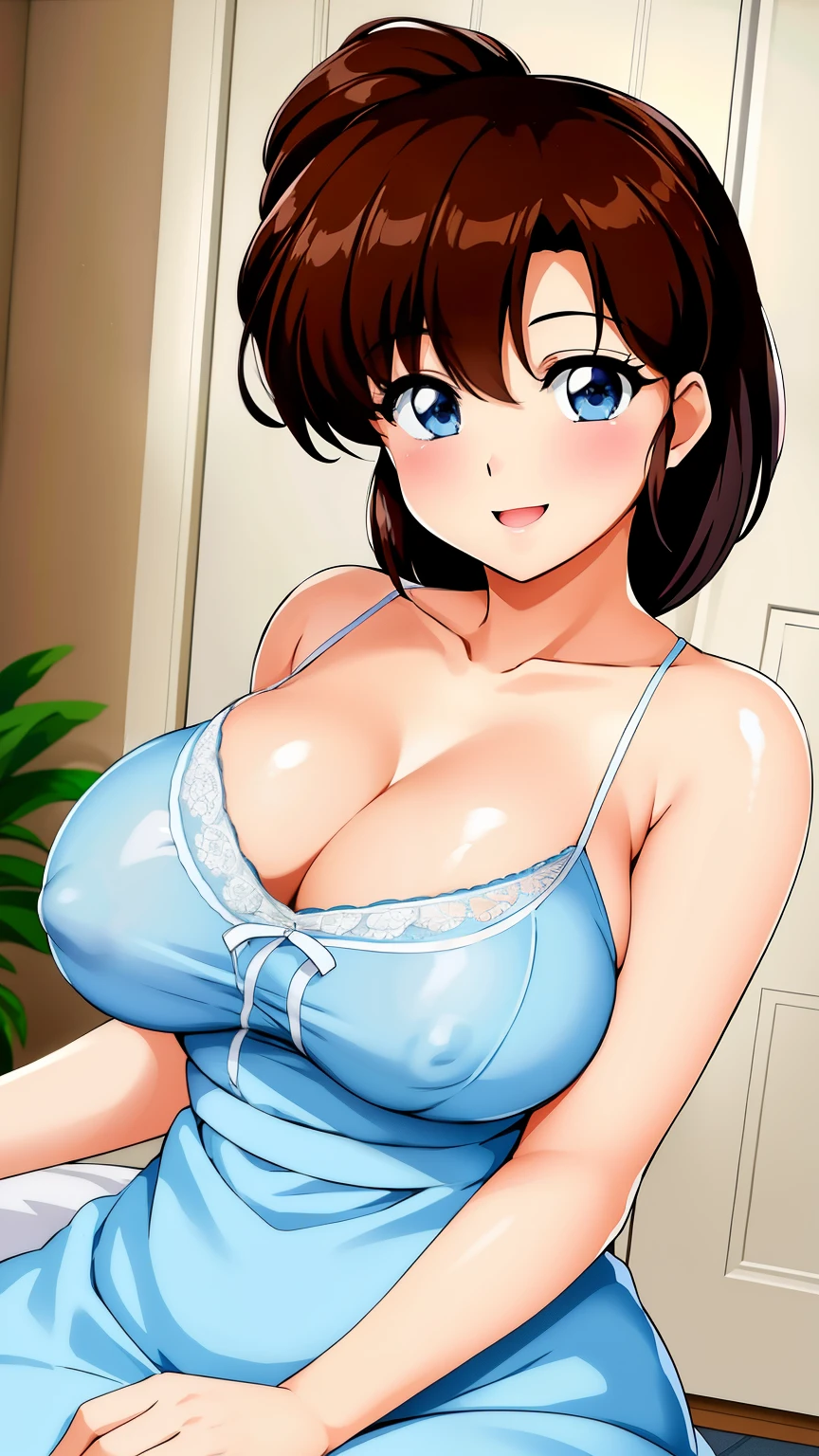 tendou_kasumi, Apron_White_Ruffle, Light_Blue_Dress_KSM, standing, solo, large breasts,, masterpiece, best quality, detailed face, detailed eyes, highres,perfect face, perfect body,big tits,smiling, sitting,upper body,cleavage,open dress,open clothes, (show tits),(show nipples),perfect tits