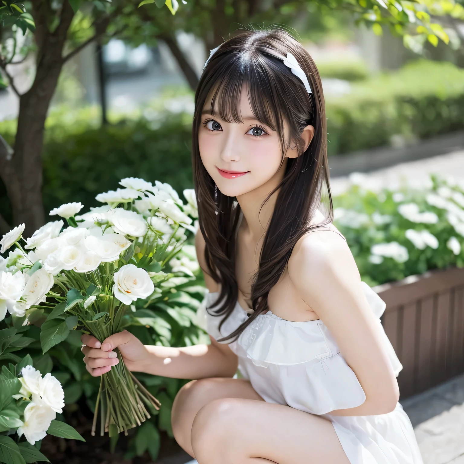 on the table, best quality, illustration, Super detailed, fine details, high resolution, 8k wallpaper, Perfect dynamic composition, Beautiful and delicate eyes,whole body摄影,show your whole body、thin and transparent、long gray hair, Bold sexy pose,Smile,Harajuku、20 year old girl、Eyeliner、beautiful bangs、hair between eyes、((masterpiece、top quality、Super detailed、movie light、intricate details、high resolution、Very detailed))、background for this、8 kood、digital SLR、soft light、high quality、film grain、富士XT3 、shallow view deep、natural soft light、Kamimei、See the knees, Look at the sexy shots of the lens、Above the legs、whole body、Holding a bouquet of flowers、side view、bunnygirl