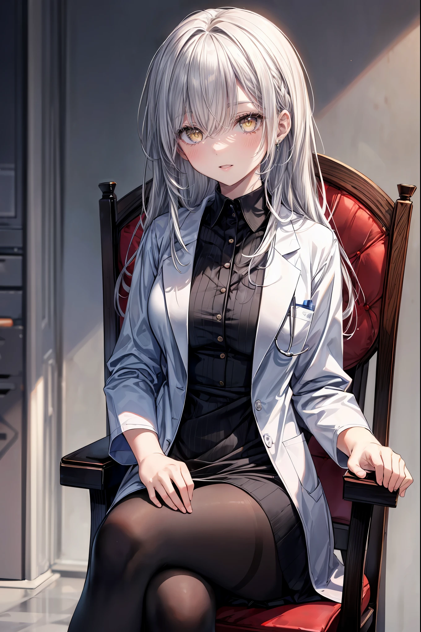((8Kmasterpiece,highest quality)), ultra high resolution, (masterpiece: 1.4), hyper detail, (((1 girl))),beautiful and delicate eyes,(yellow eyes),Big eyes,shining eyes of light,Thin and long eyelashes,detailed light,beautiful face,((silver hair)),((long hair)),(white suit),black tights,((Dress like a female doctor)),red hair,(hospital),fearless smile,(please open your mouth wide),Sitting in a chair,looking at the viewer, slender body,My are very big 